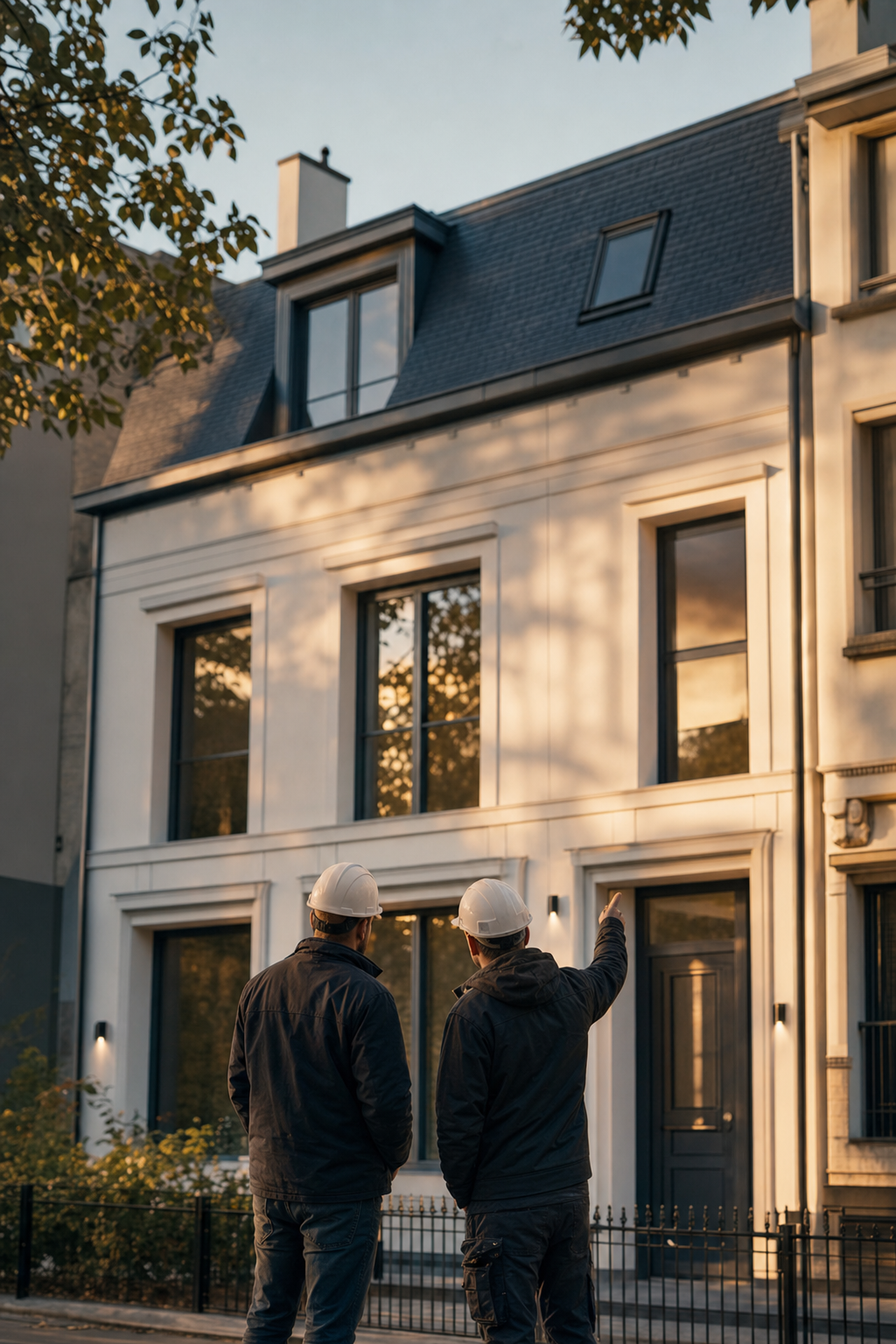 Maison rénovée à Bruxelles avec façade enduite et toiture refaite, en fin d'après-midi