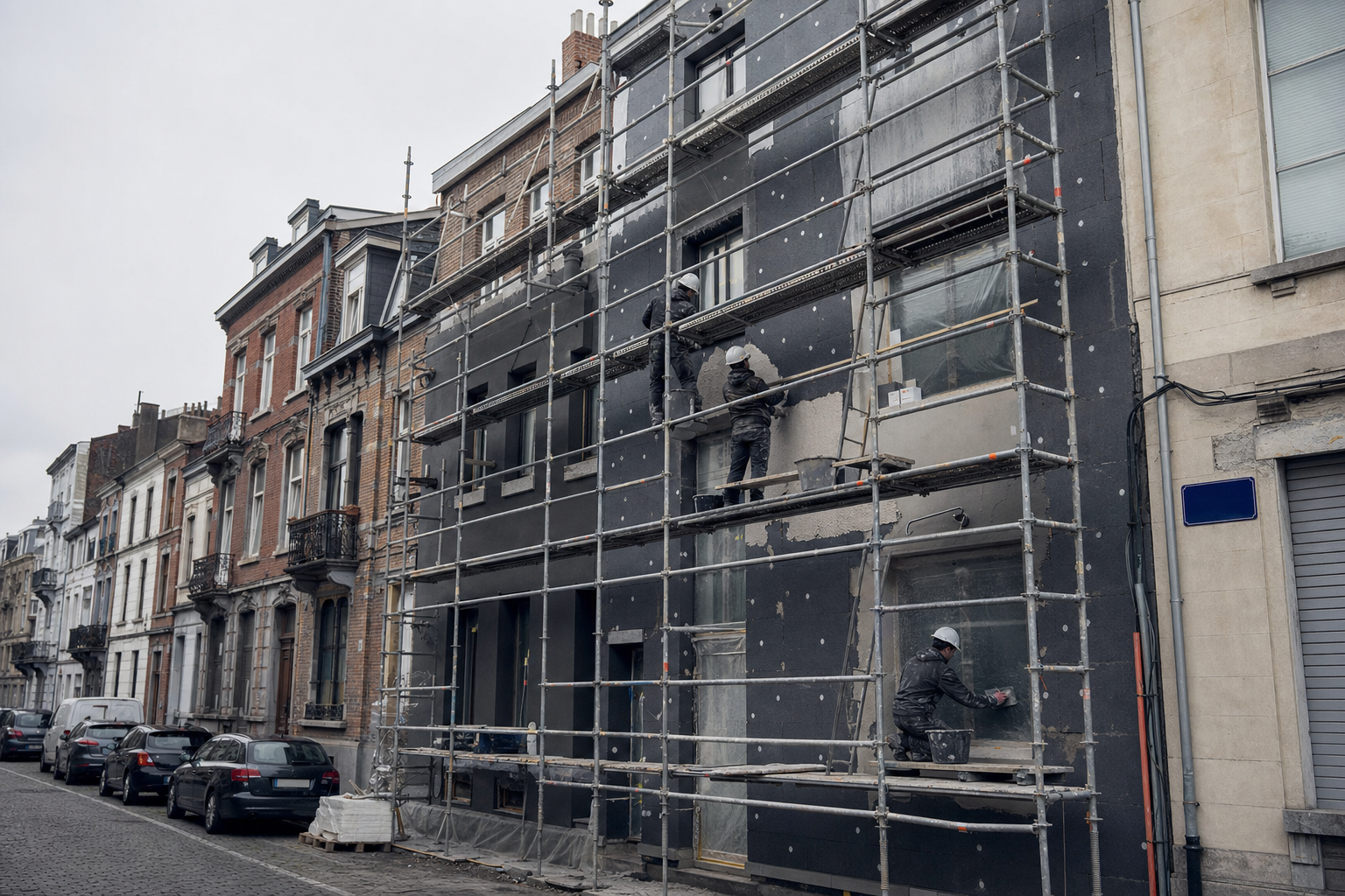 Chantier d'isolation par l'extérieur sur une façade bruxelloise avec échafaudage