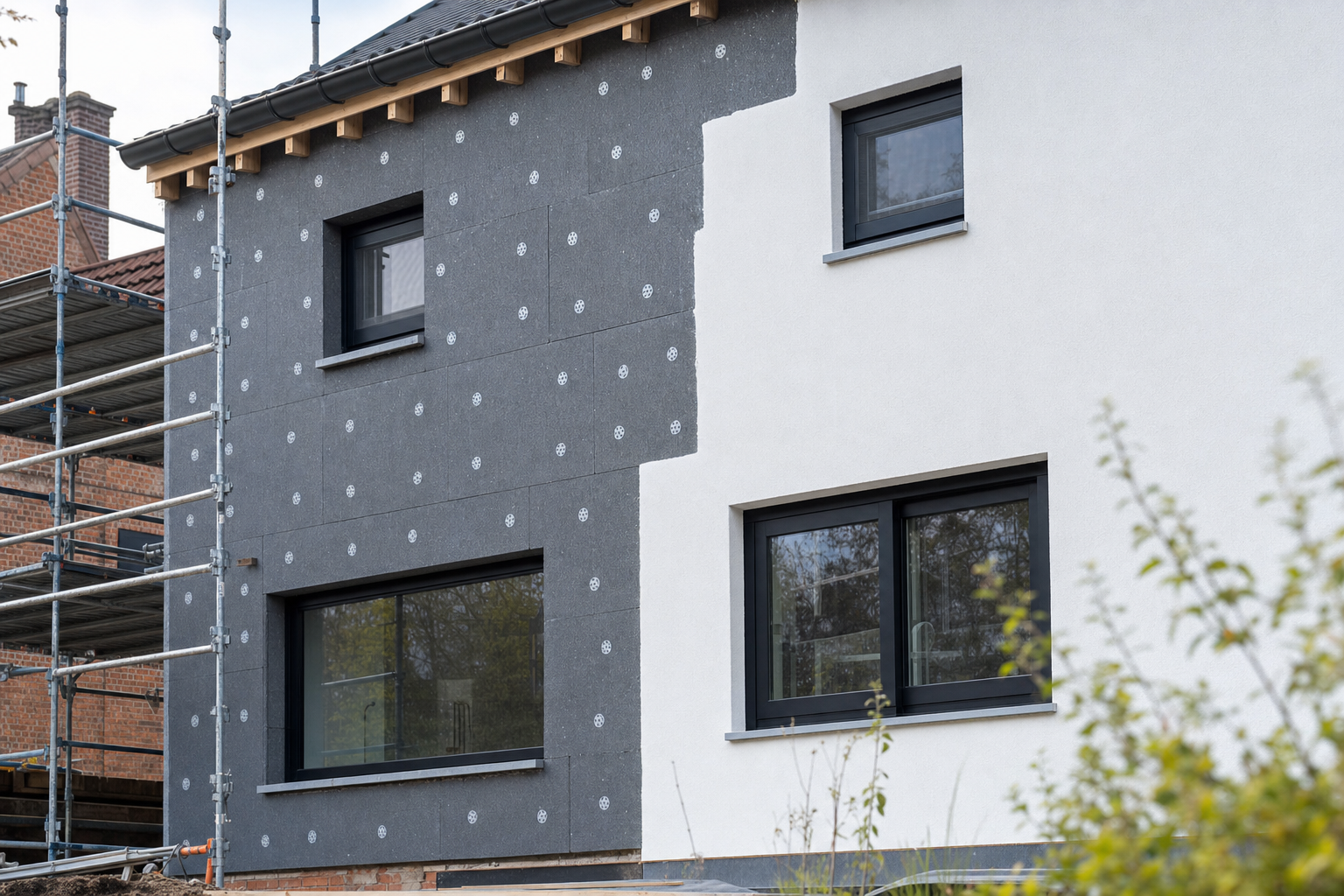 Façade en cours d'isolation par l'extérieur avec panneaux et enduit