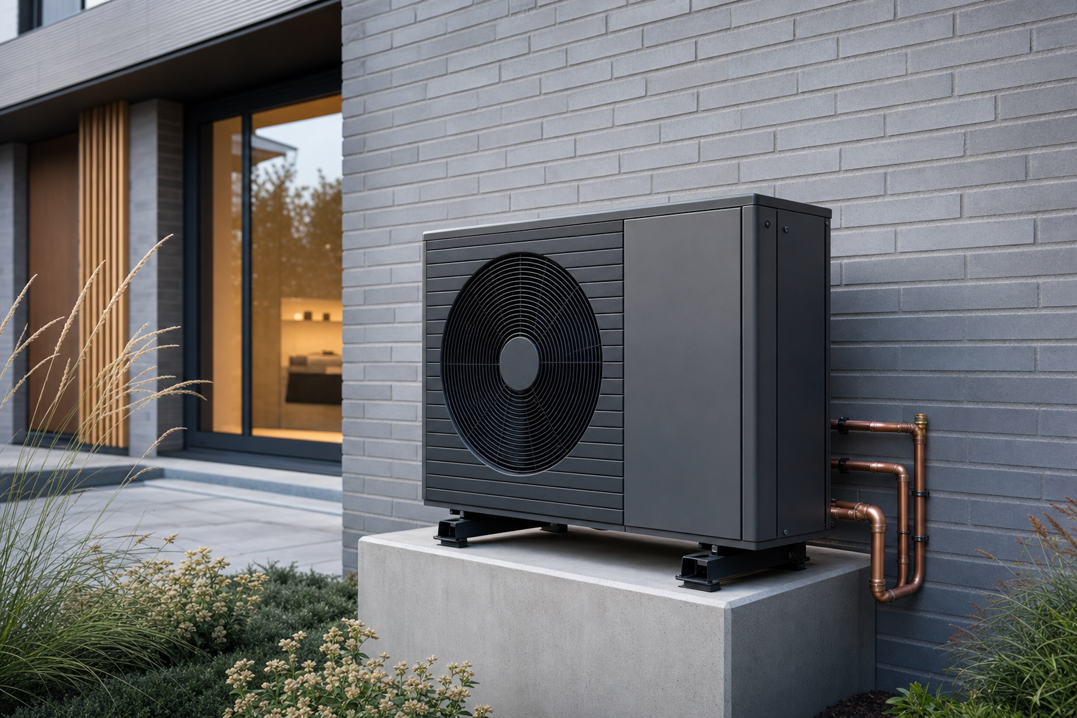 Pompe à chaleur air-eau installée contre un mur extérieur moderne